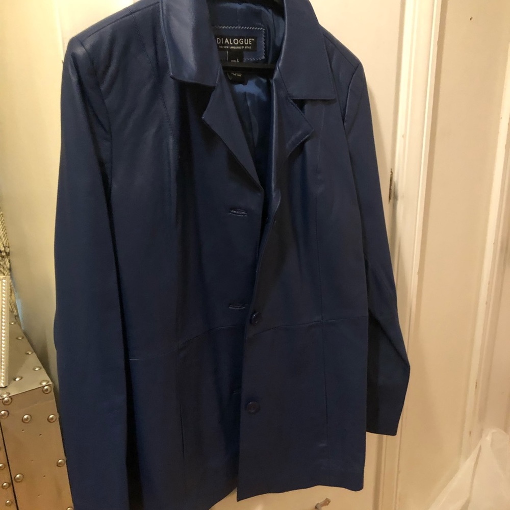 Blue Leather Button Front Collared Jacket - image 3